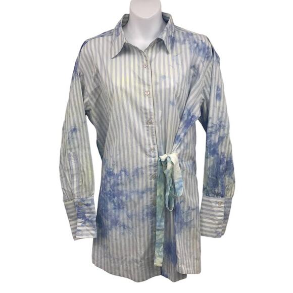 Free People Nola Shirt Dress S Striped Tie Dye Poplin Button Front Waist Tie NWT - Picture 1 of 12